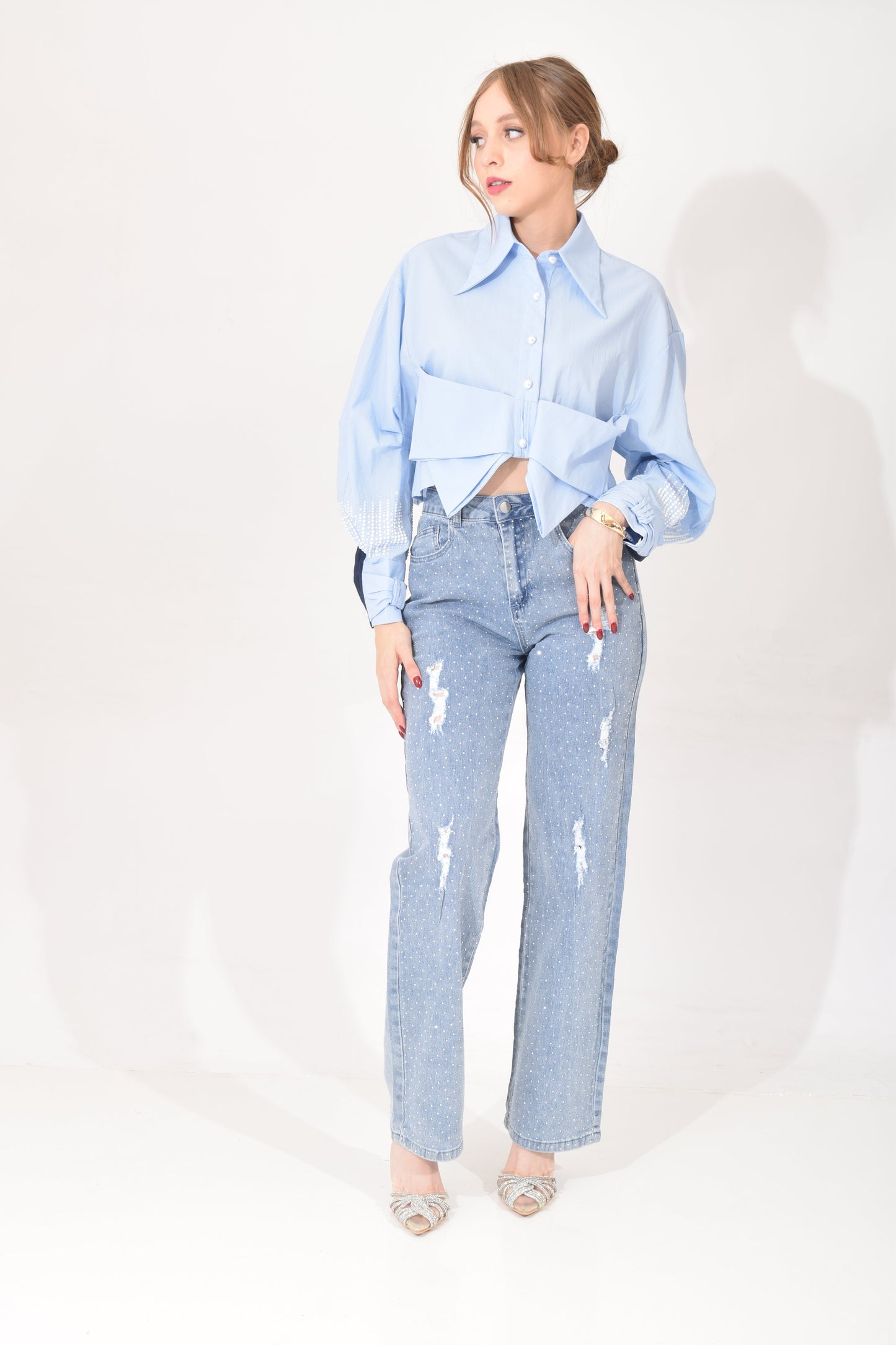 Blusa Corta Perlas Manga
