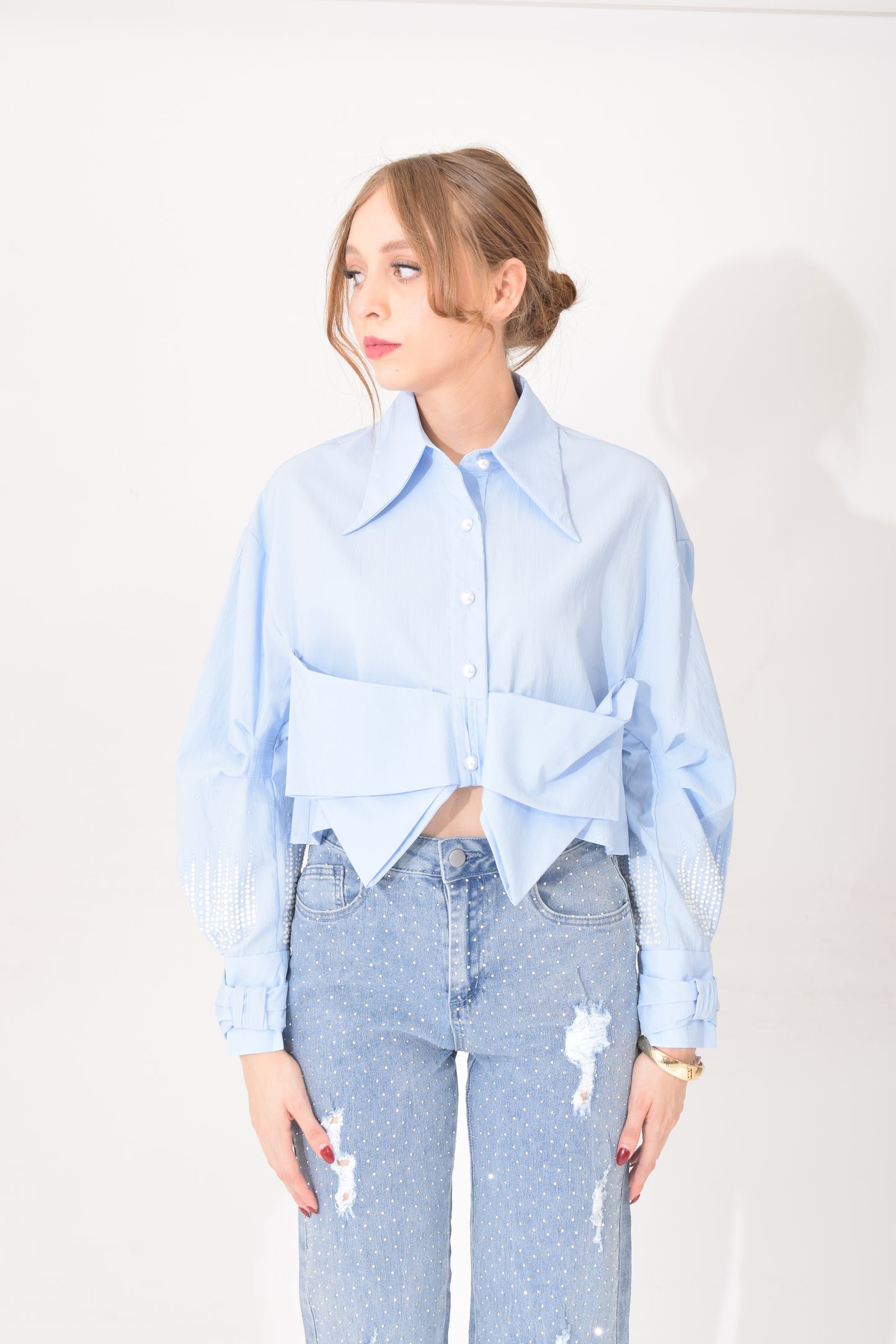 Blusa Corta Perlas Manga