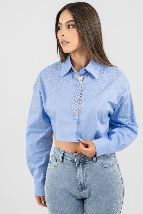 Blusa Corta Brillos Corbatín.