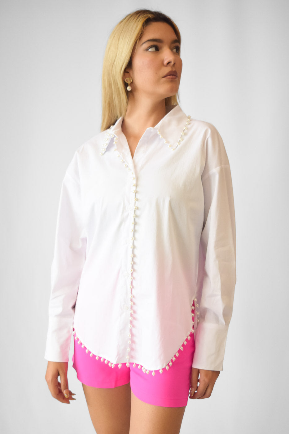 Blusa manga larga, algodón perlas