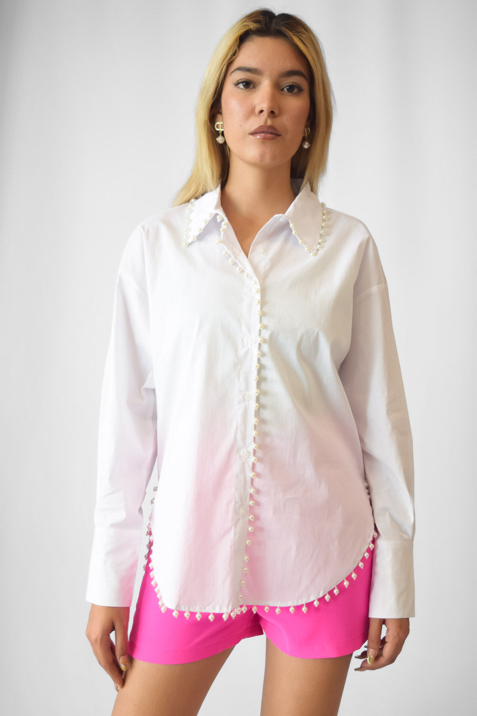 Blusa manga larga, algodón perlas