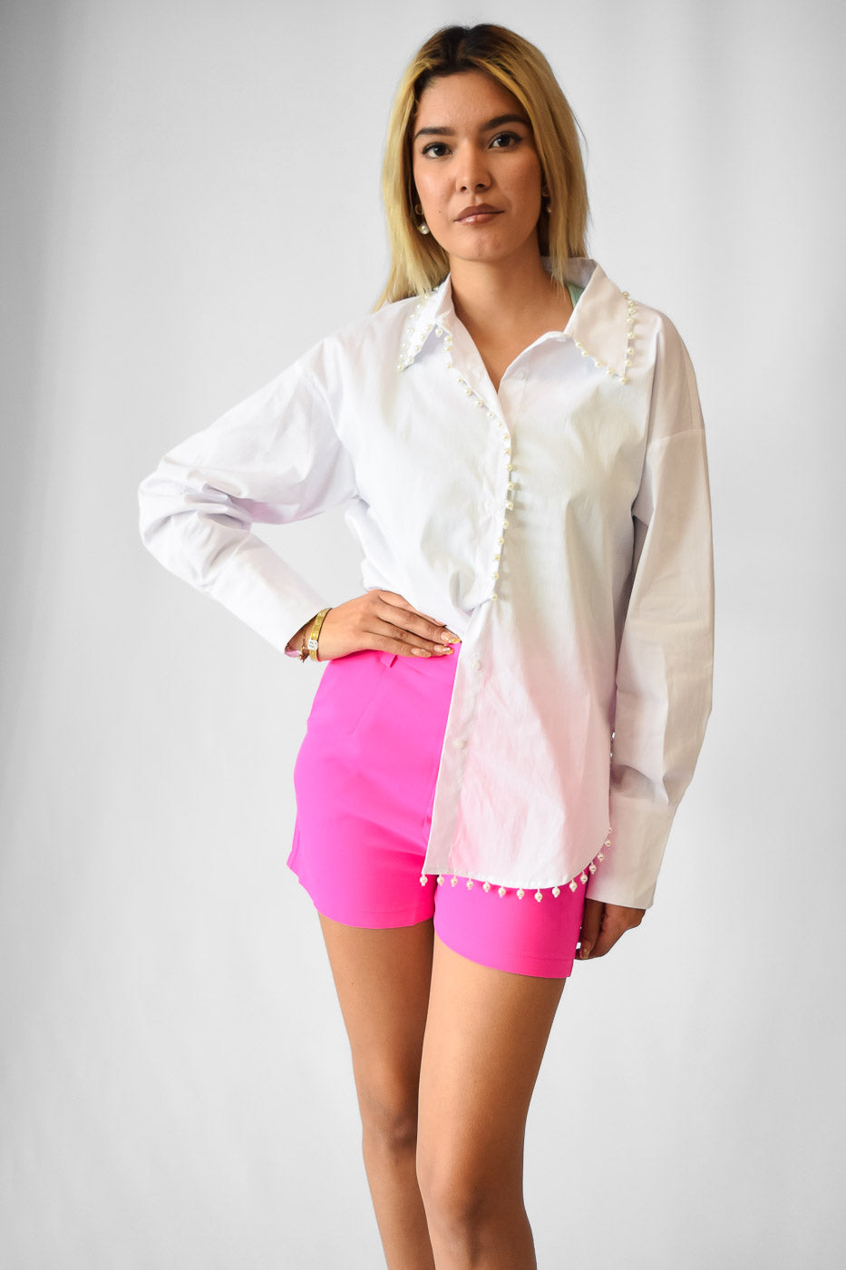 Blusa manga larga, algodón perlas