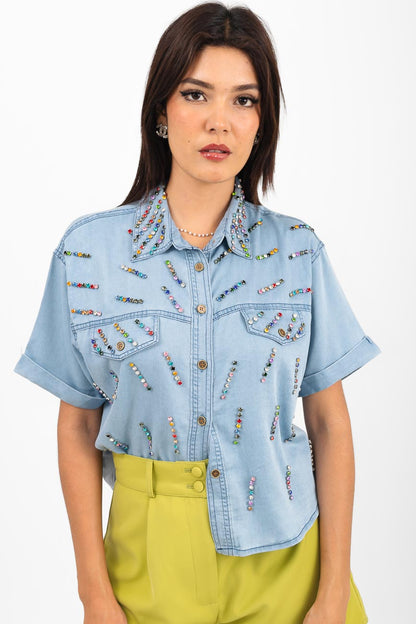 Camisa corta mezclilla brillos