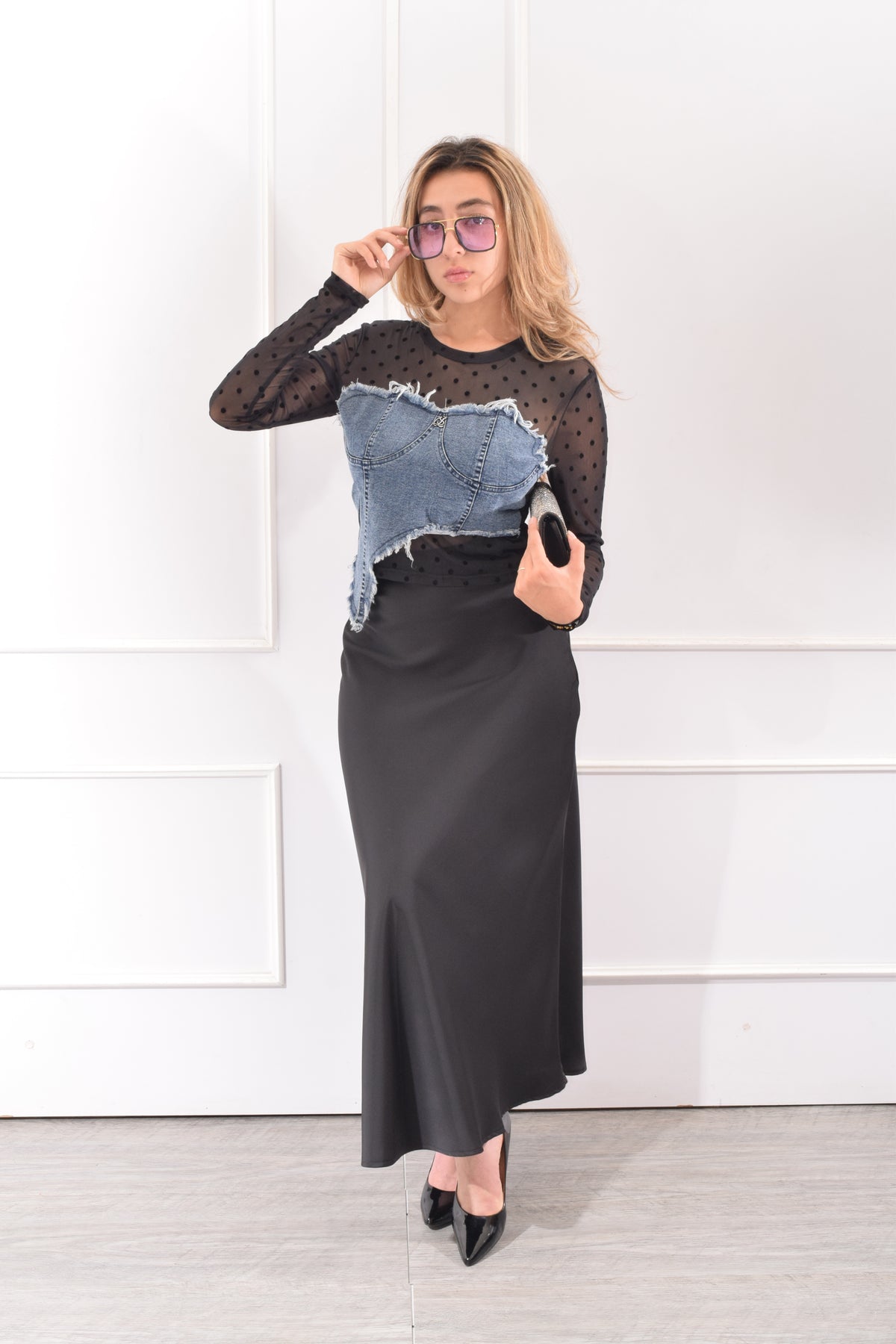 BLUSA MESH CON MEZCLILLA