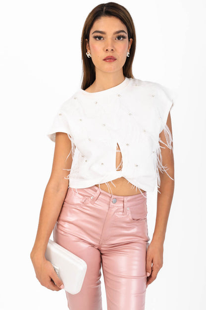 Blusa corta plumas brillos