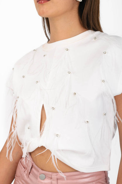 Blusa corta plumas brillos