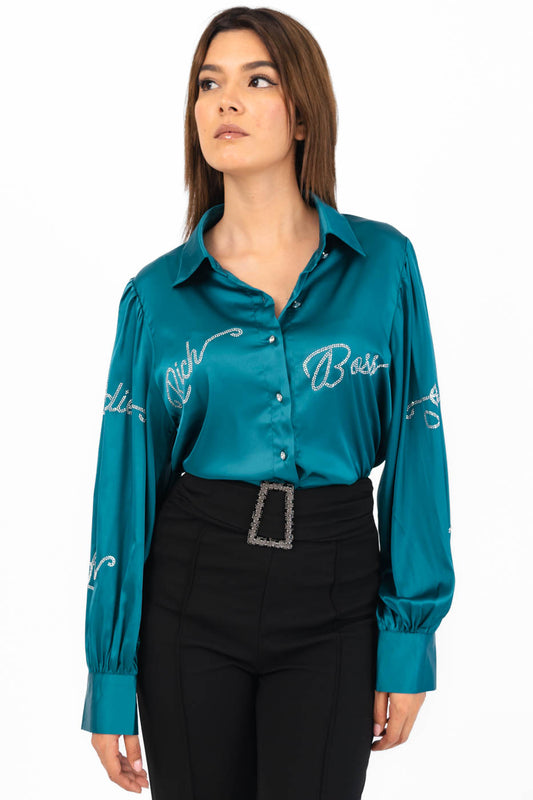 Blusa Azul Satinada Letras Brillos